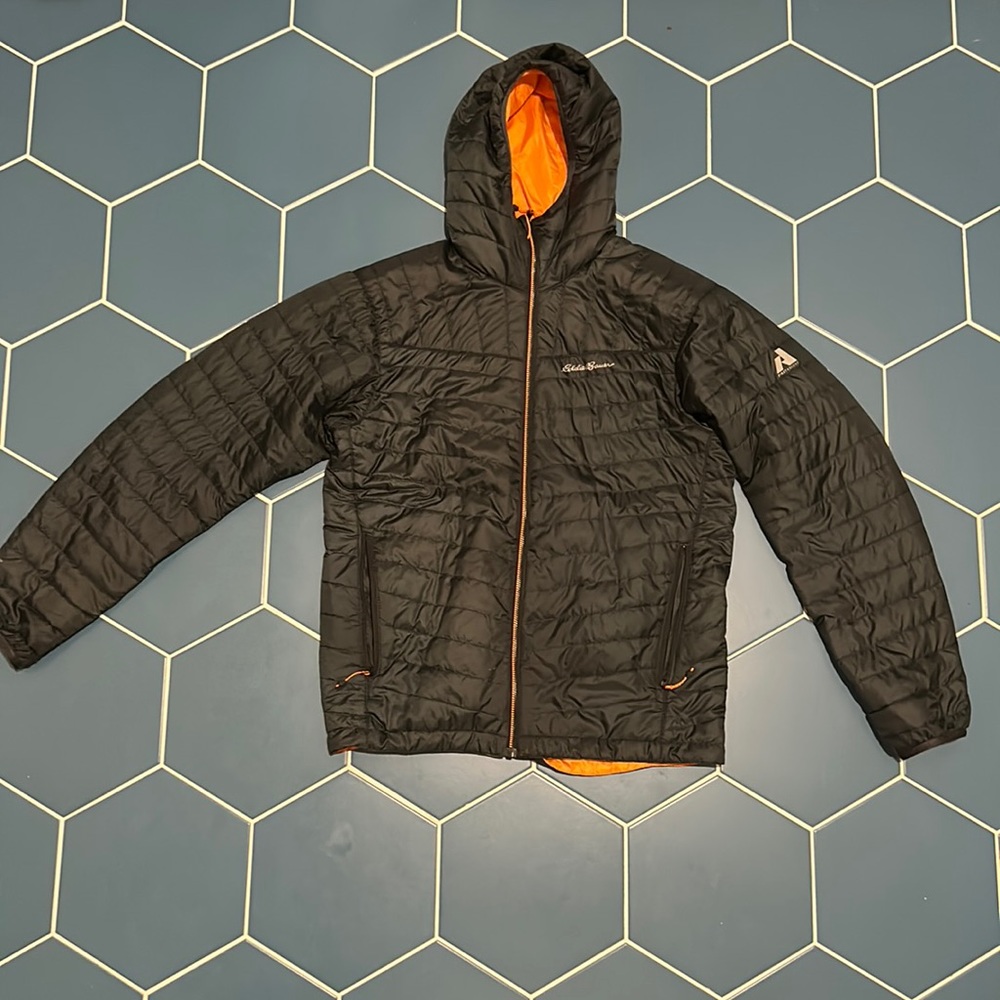 Black & Orange Eddie Bauer Men's Microlight Down Hooded Jacket